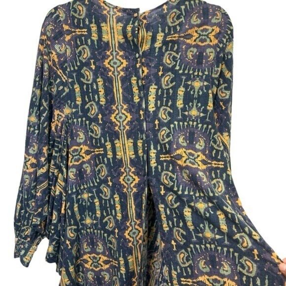 Free People XS This Is It Tunic Top Oversized Long Sleeve Billowy Blue Orange - Picture 3 of 10